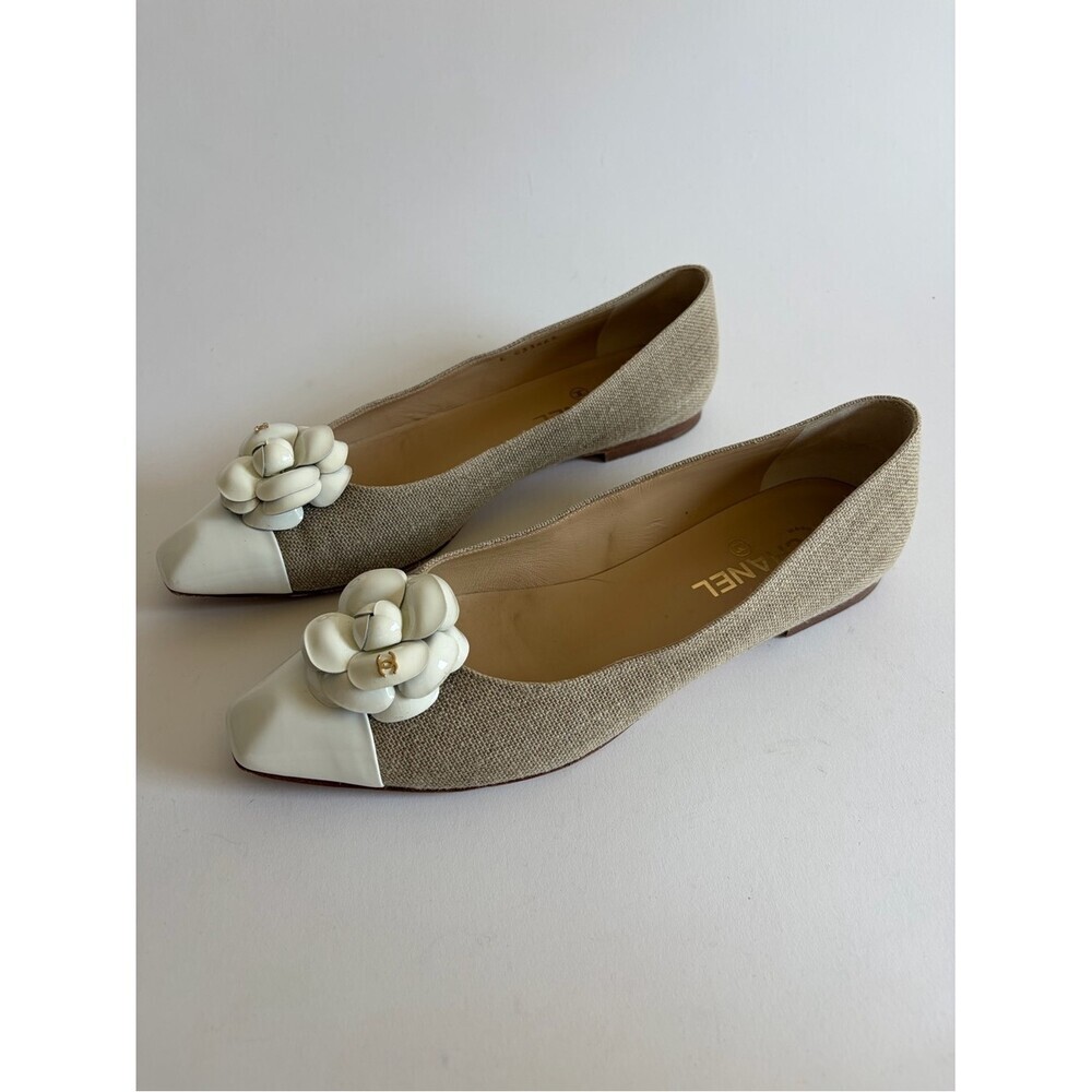 Chanel Tweed Beige and White Camellia Pointed Toe Flats